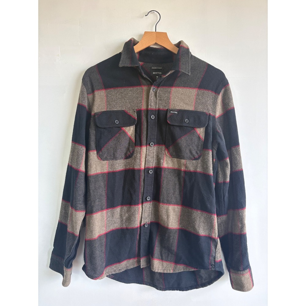 Brixton Bowery Flannel Shirt Mens Medium Brown Black Red Plaid Long Sleeve